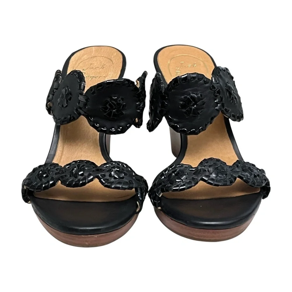 Jack Rogers Luccia Wedge Sandals Black Leather Medallion 6.5M